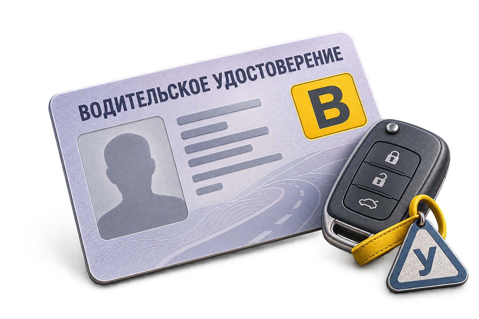 Иллюстрация: водительское удостоверение категории B и ключ от автомобиля